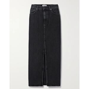 NEW Agolde Leif Front Slit Cotton Black Denim Maxi Skirt Spider Black Size 27